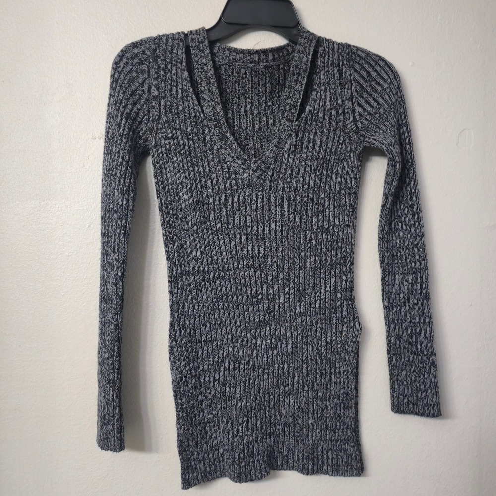 Grey Marled Ribbed Cutout V-Neck Long Sleeve Sweater with Side Slits
